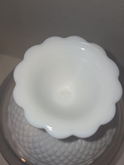 Vintage Imperial Glass White Milk Glass Footed Compote Open Laced Edge Crochet Edge and Diamond Point Pattern mg101