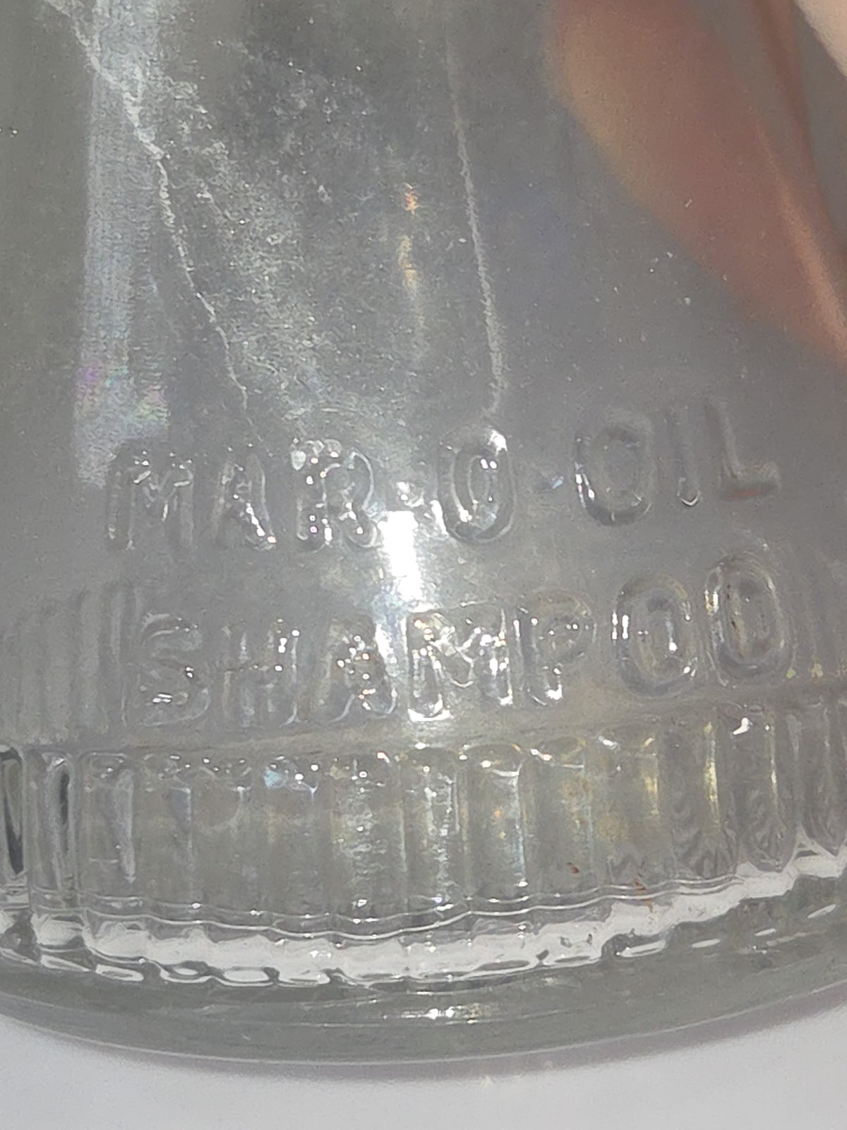 Vintage Empty Marrow's Mar-O-Oil Clear Glass Shampoo Bottle Chicago Ill No Cap vb44