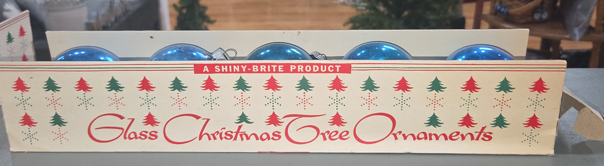 Vintage Shiny Brite Glass Christmas Ornaments Five 3" Blue Shades in Fanci-Pak Box As Is sb9