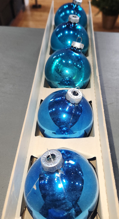 Vintage Shiny Brite Glass Christmas Ornaments Five 3" Varying Blue Shades in Fanci-Pak Box As Is sb15
