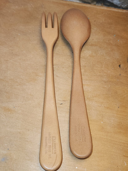 Vintage Fllingers Agatized Wood Salad Fork And Spoon Set Sheboygan Wisconsin kit56