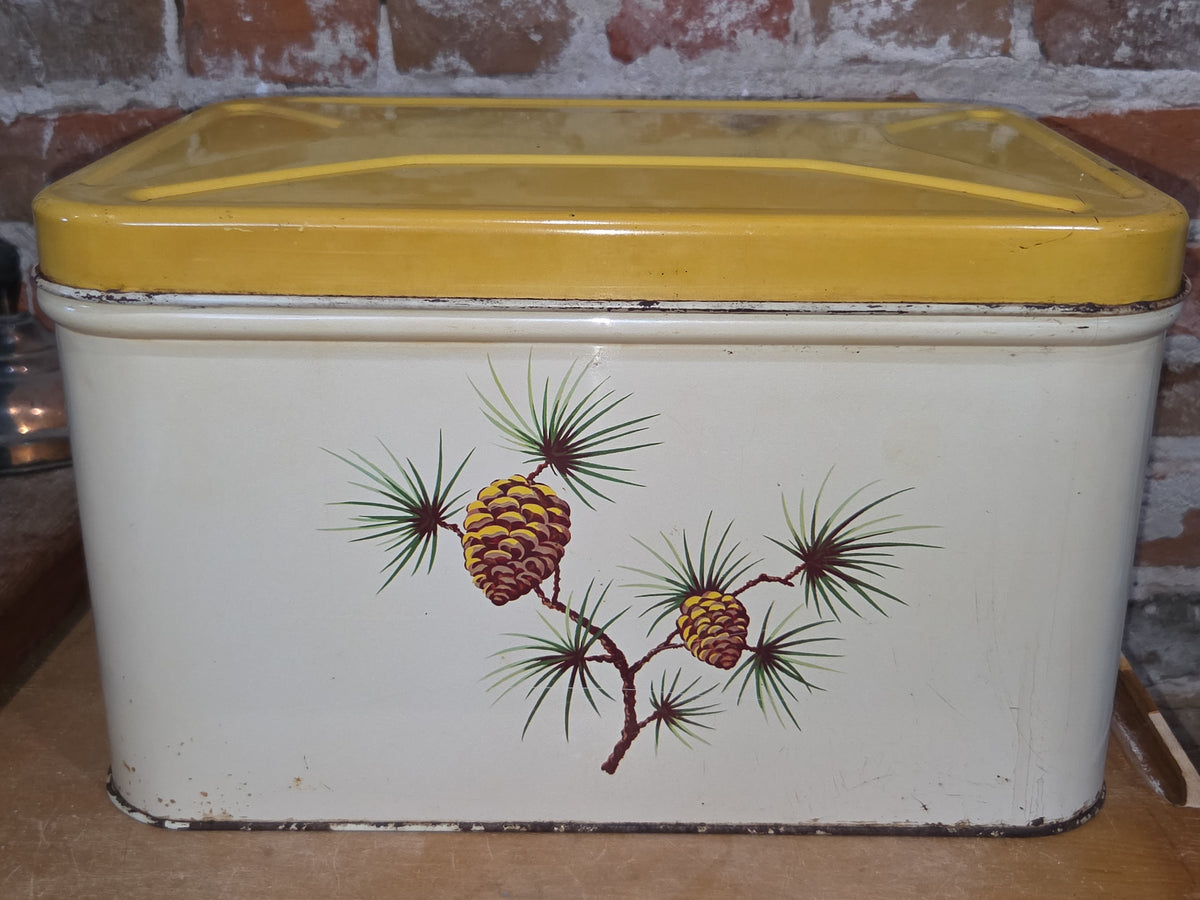 Vintage Decoware Metal Bread Box Hinged Lid Pinecones Yellow Cream AS IS tbb4
