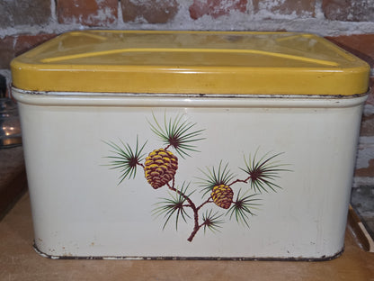 Vintage Decoware Metal Bread Box Hinged Lid Pinecones Yellow Cream AS IS tbb4
