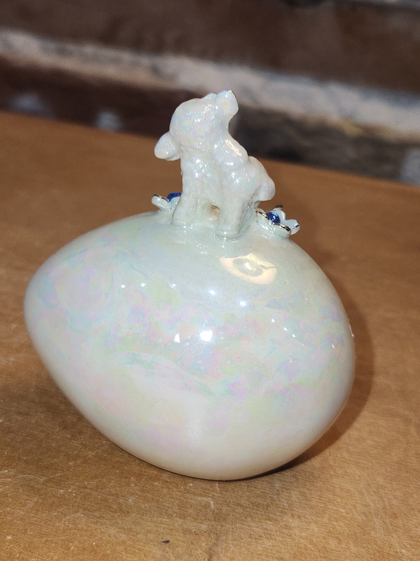 Vintage Porcelain Egg with 3D Lamb Butterfly Flowers and Leaves Gold Accents. Eg9