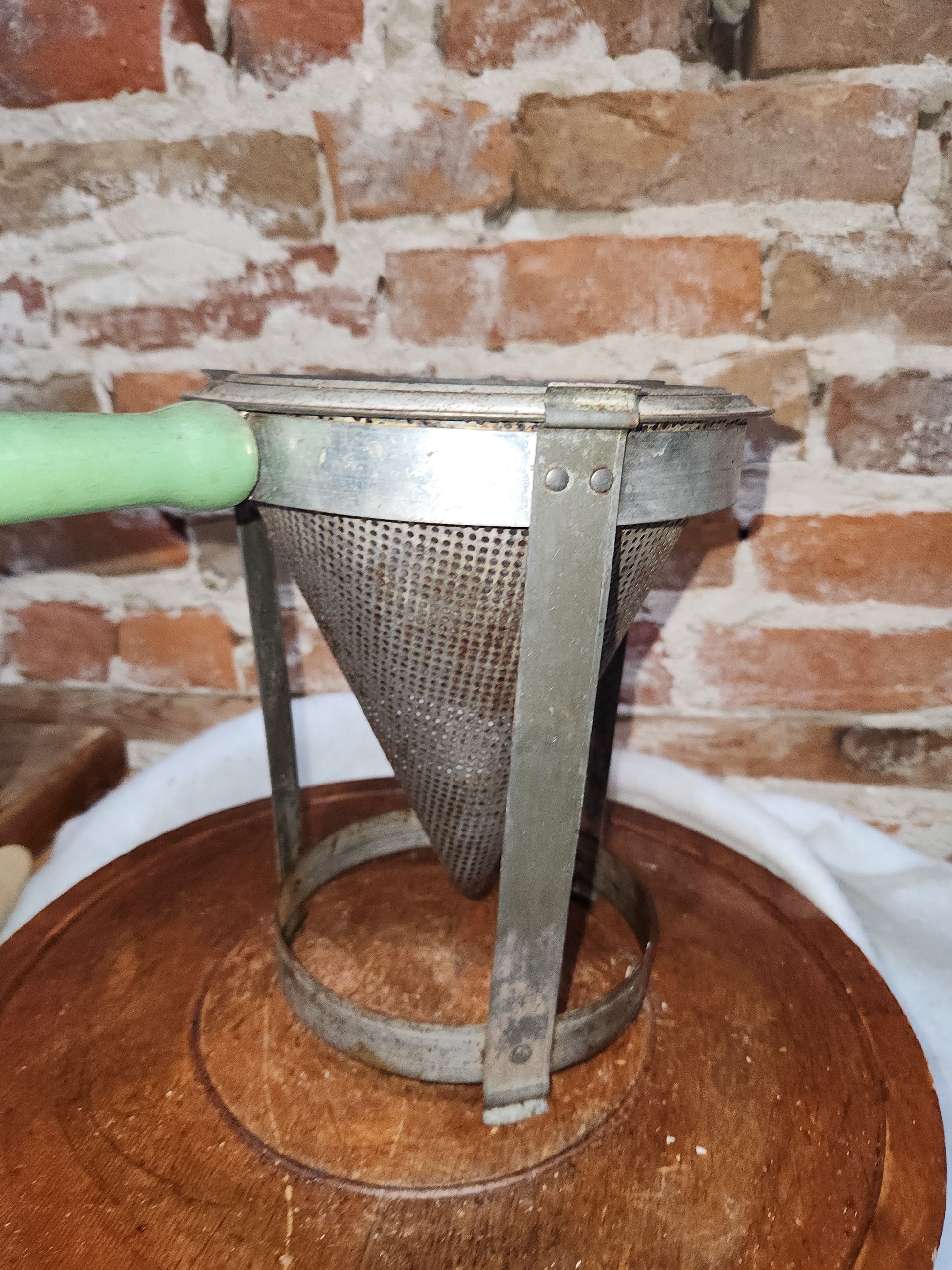 Vintage Cone Sieve Colander in stand Green Handle Patina kit719