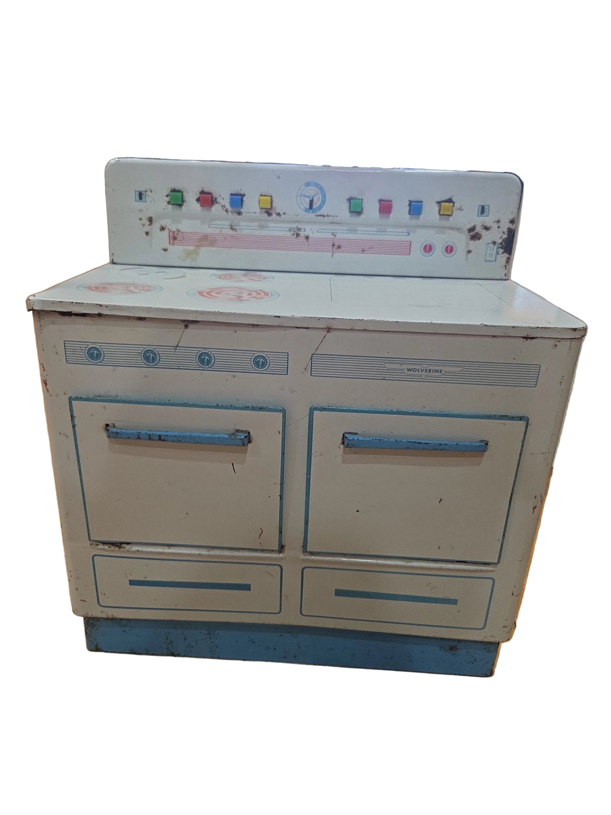 Vintage Wolverine Tin Lithograph Kitchen Stove White Turquoise ps7