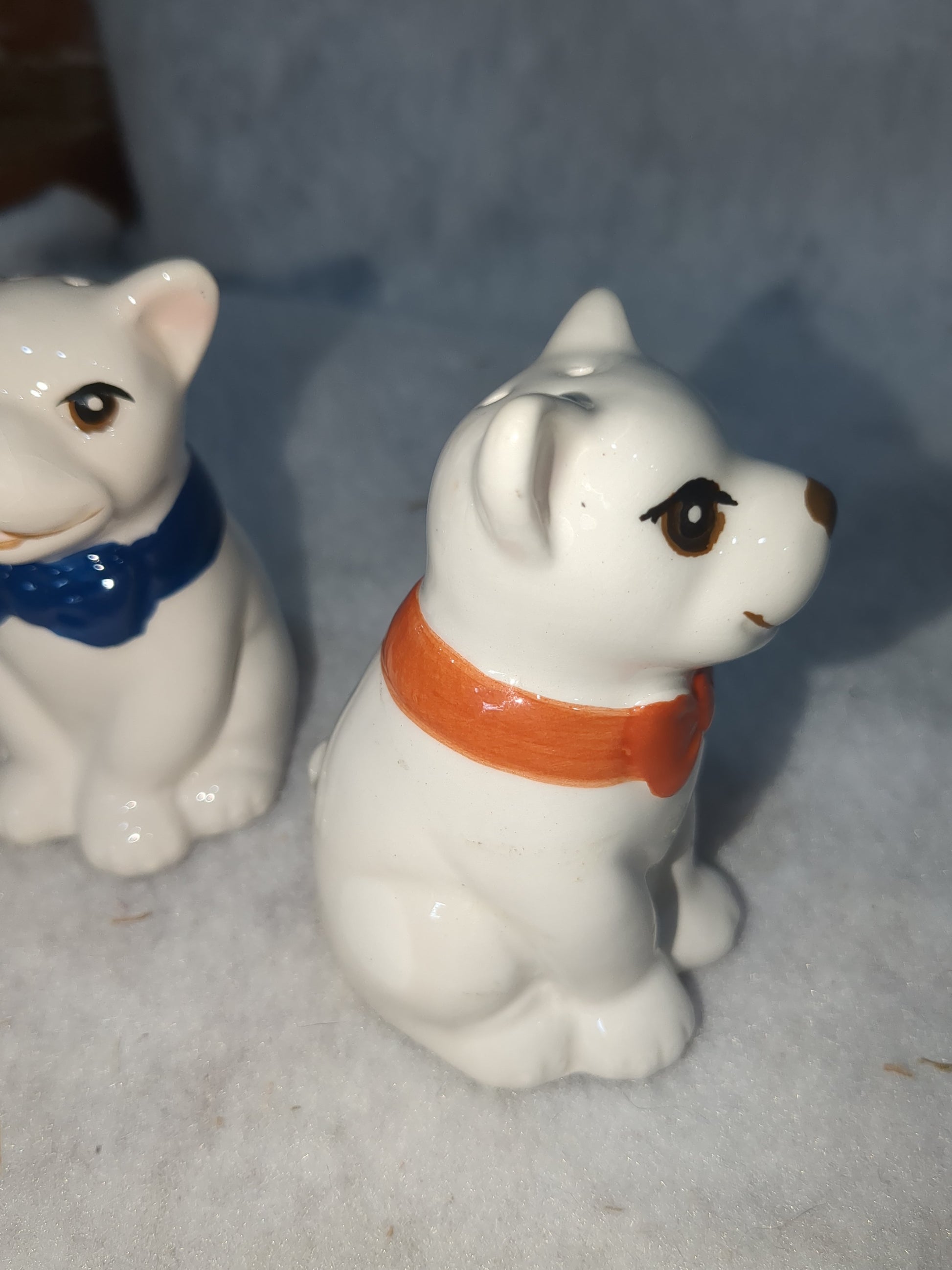 French Bulldog Ceramic Salt and Pepper Shakers Red & Blue Bow Ties Missing One Stopper CLEARANCE