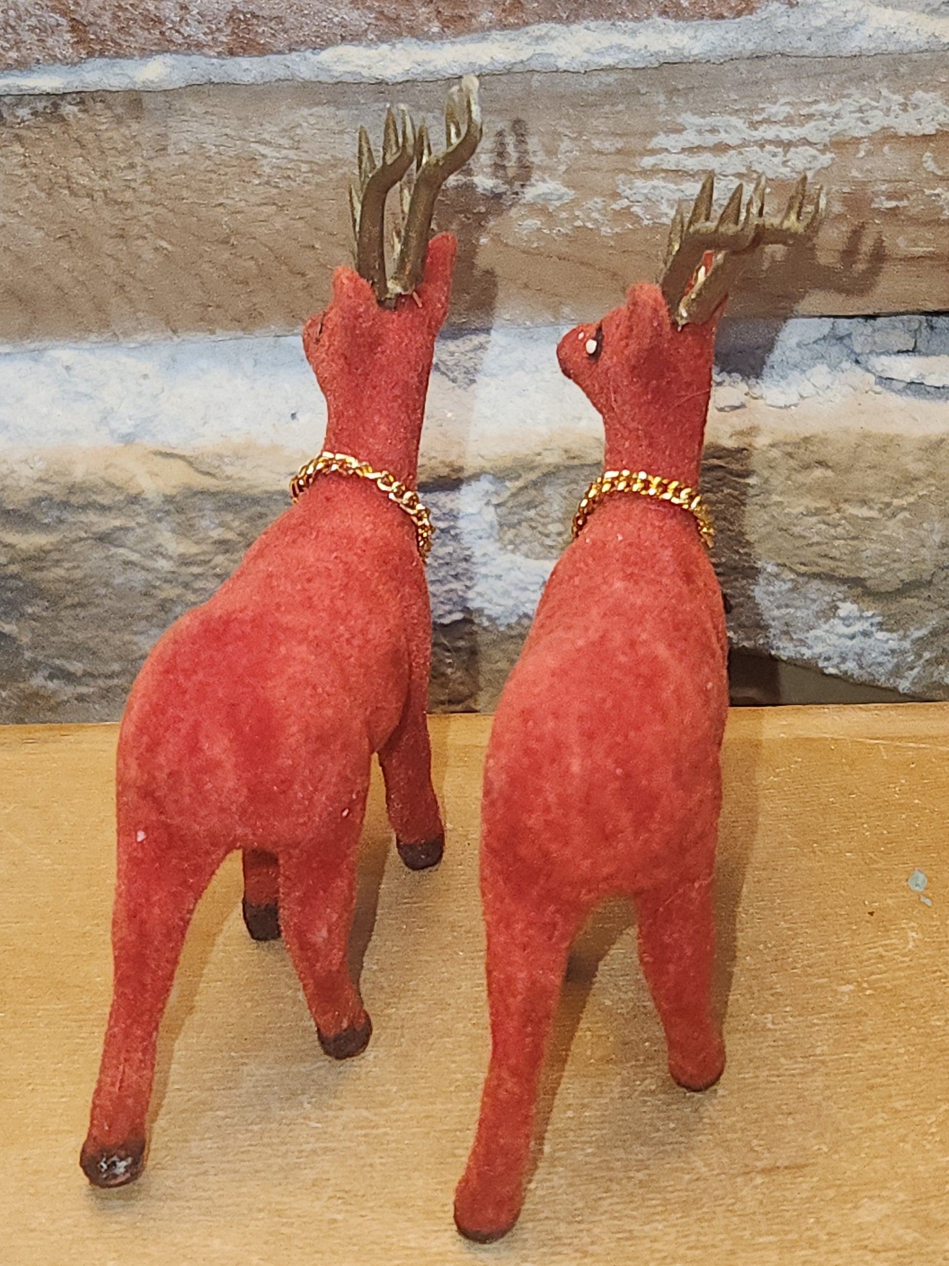 Vintage Red Flocked Deer Reindeer Set of 2 vd8