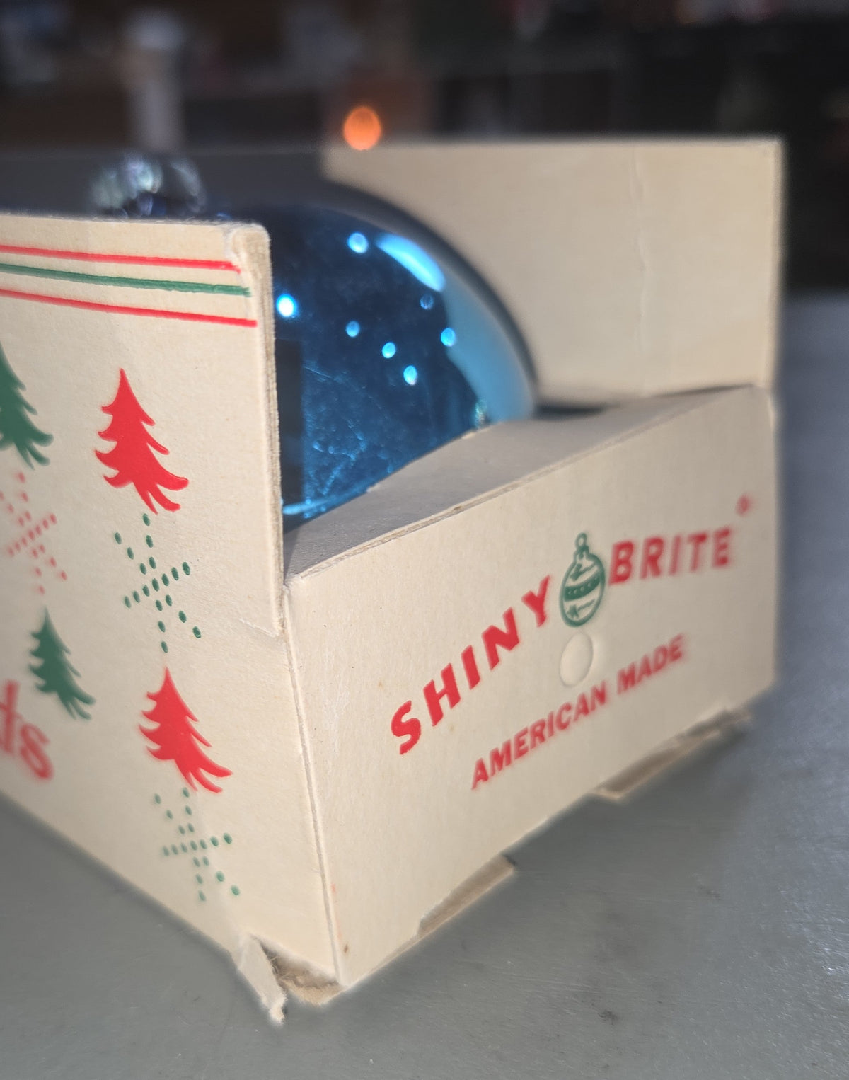 Vintage Shiny Brite Glass Christmas Ornaments Five 3" Blue Shades in Fanci-Pak Box As Is sb5