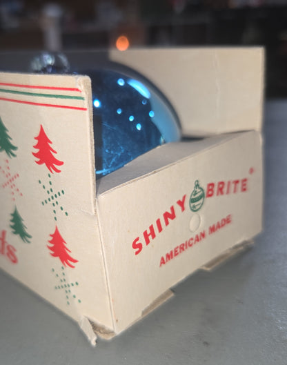 Vintage Shiny Brite Glass Christmas Ornaments Five 3" Blue Shades in Fanci-Pak Box As Is sb5