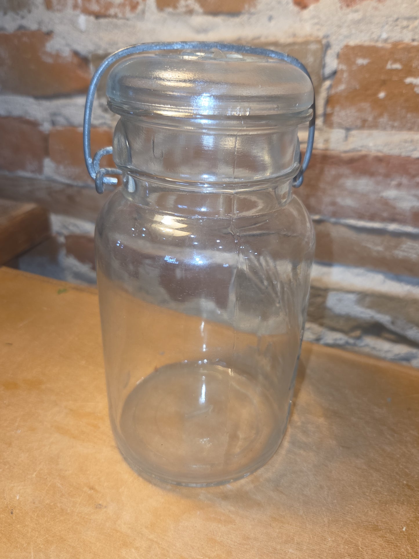 Vintage Ball Quart Jar Ideal Pat'd July 14, 1908 Clear Glass with Wire Bail and Glass Lid jar076