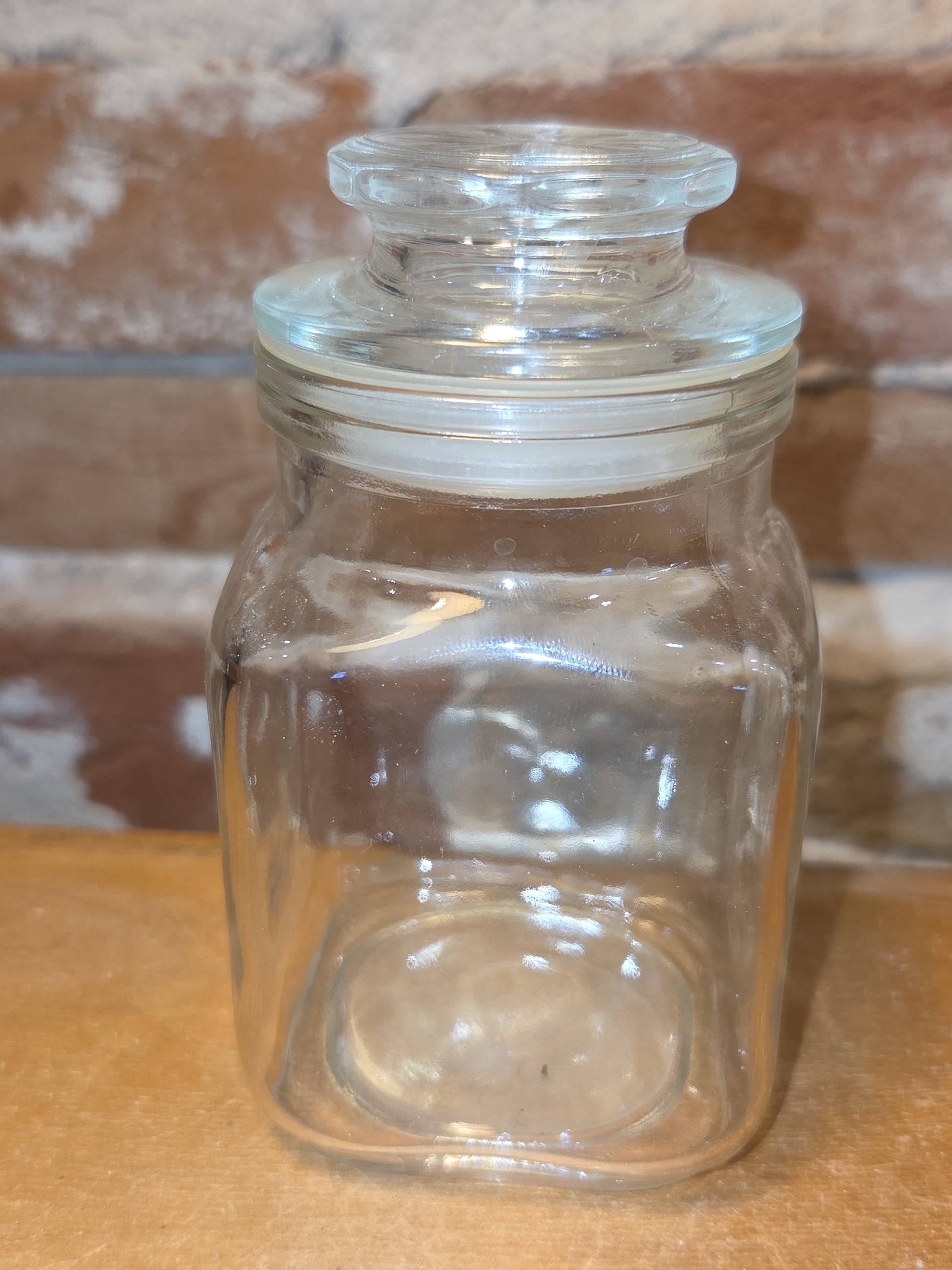 Vintage Clear Glass Square Canister with Sunburst Lid 2 1/2" square sj1