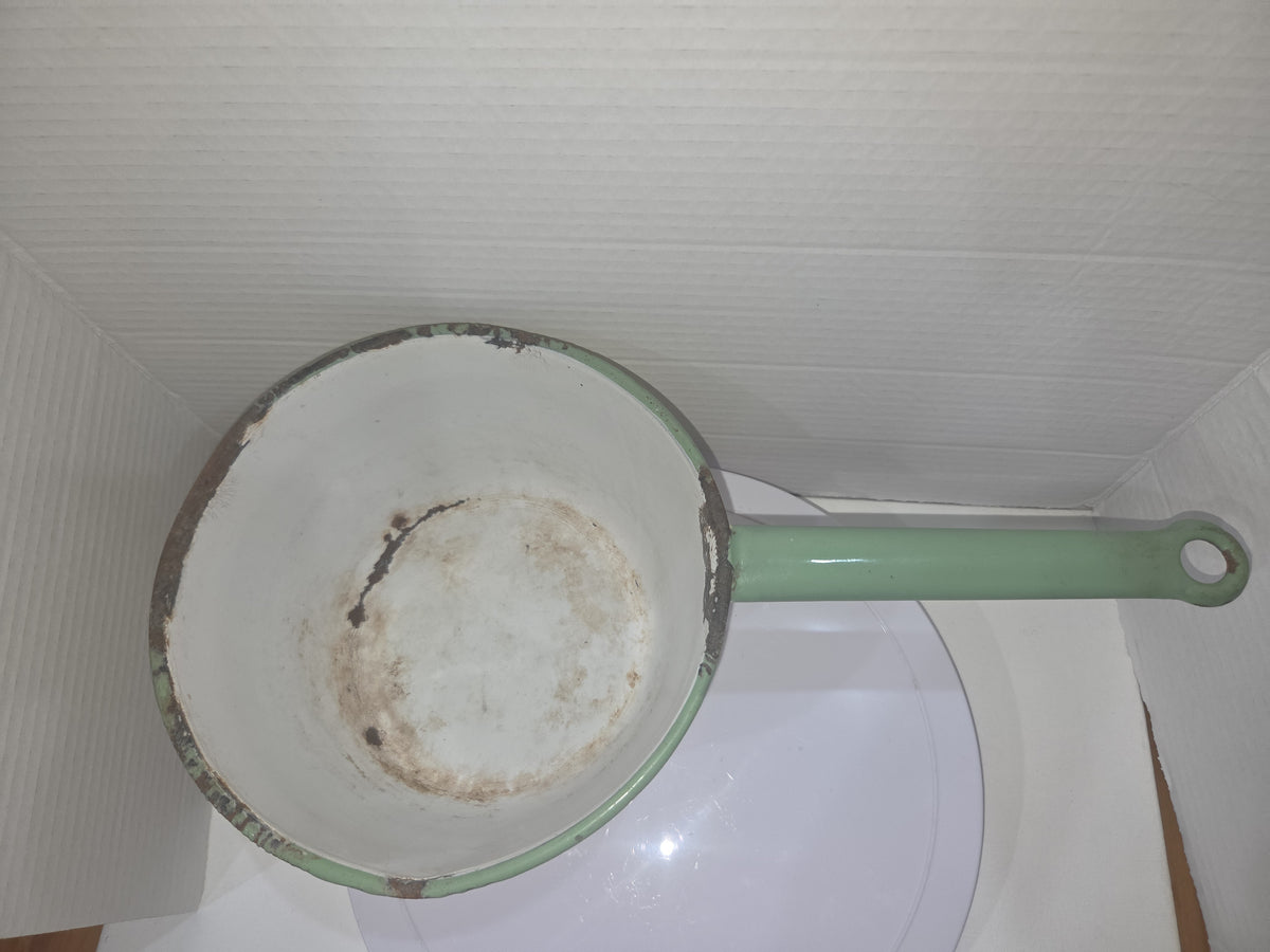 Vintage Enamelware Sauce Pan Cream Green Trim White Inside en90