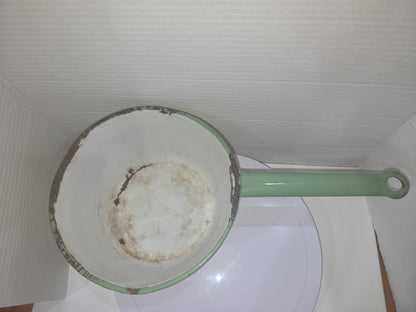 Vintage Enamelware Sauce Pan Cream Green Trim White Inside en90