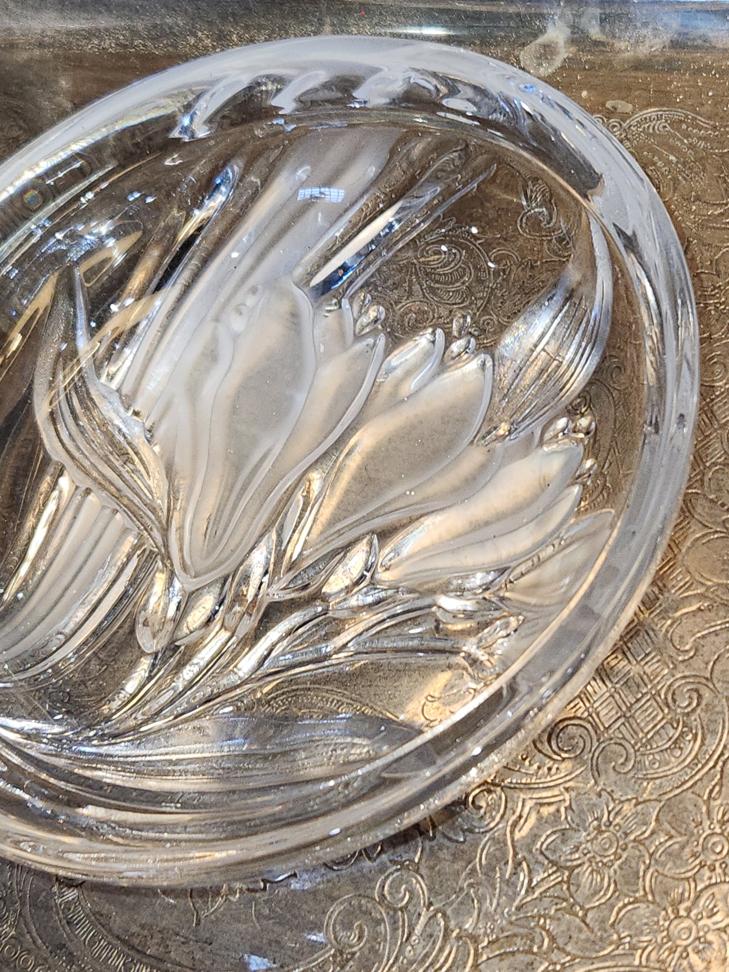 Vintage Mikasa Pressed Glass Parisian Iris Candy Dish Flowers Clear and Frosted gl08