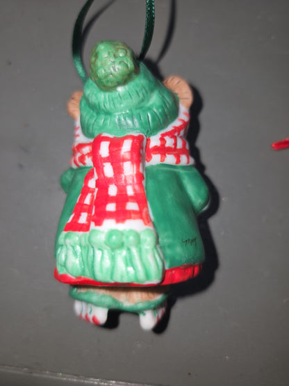 Vintage Hallmark Keepsake Ornaments Porcelain Skating Sugar Bear Bell and Snuggly Sugar Bear Bell  Dangling Feet 2001 NO BOXES ho007