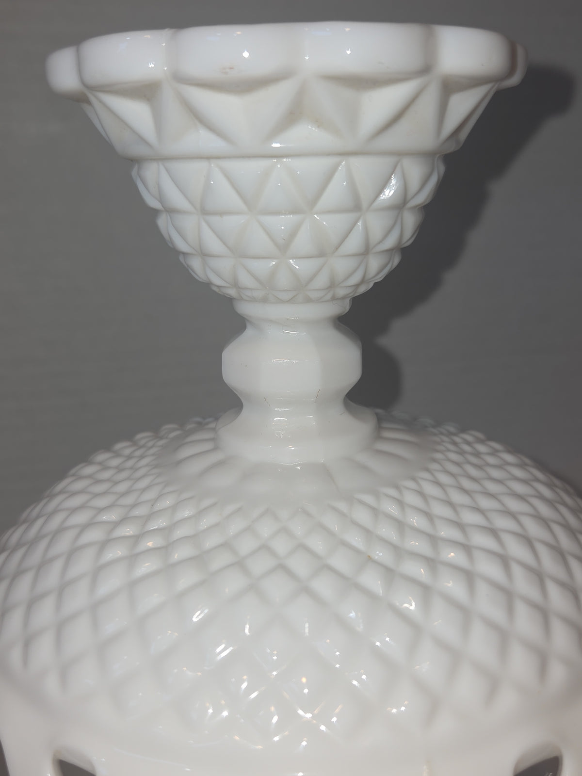 Vintage Imperial Glass White Milk Glass Footed Compote Open Laced Edge Crochet Edge and Diamond Point Pattern mg101