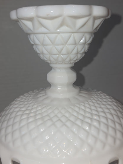 Vintage Imperial Glass White Milk Glass Footed Compote Open Laced Edge Crochet Edge and Diamond Point Pattern mg101