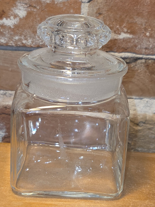 Antique US Glass Dakota Clear Glass Square Container with Ground Polished Lid 4 1/2" sj4