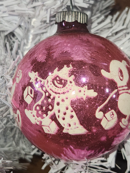 Vintage Shiny Brite Pink Christmas Ornament Stenciled Toy Bear Duck Toy Horse Clown Sailboat GLOWS vo26