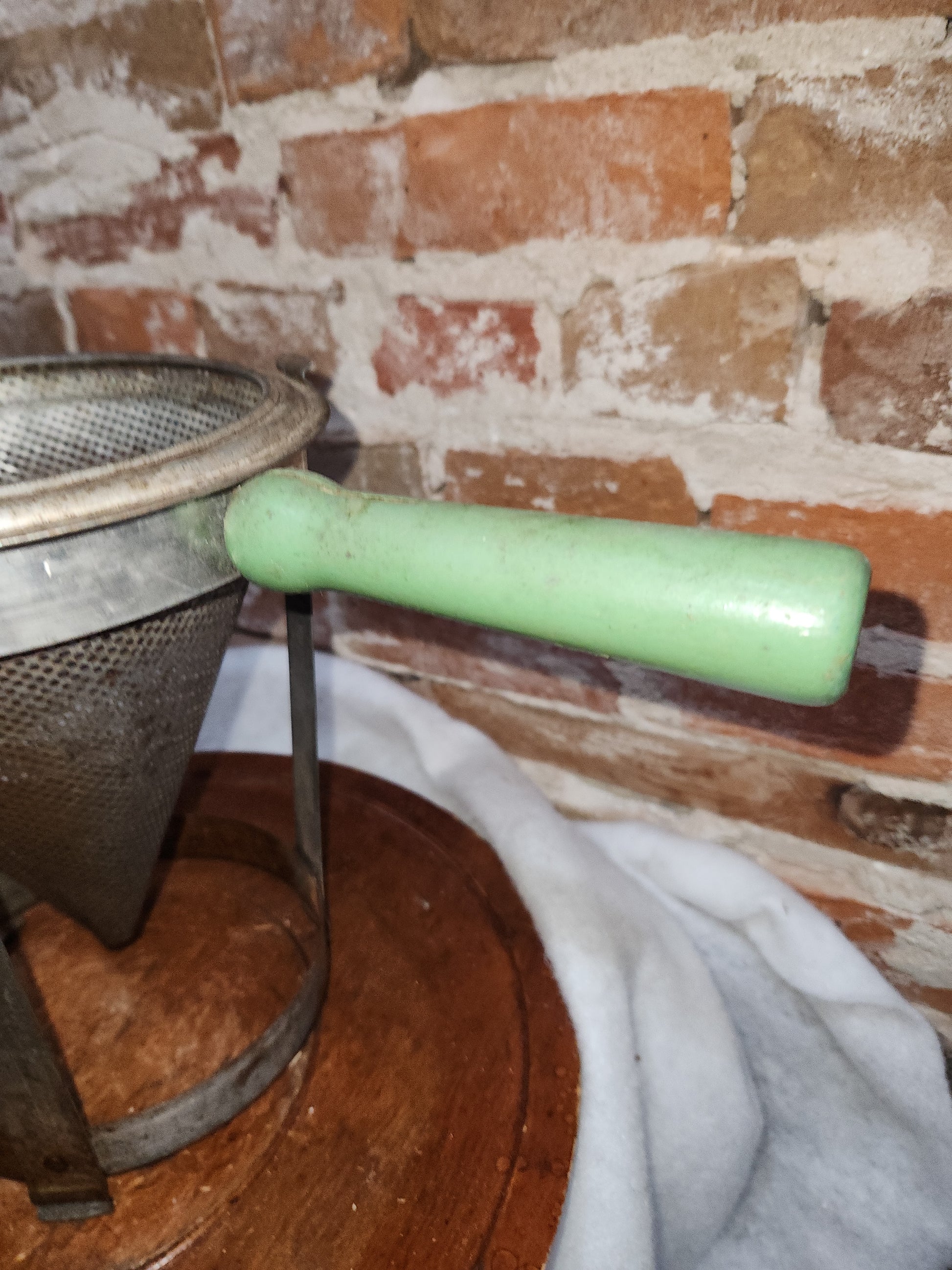 Vintage Cone Sieve Colander in stand Green Handle Patina kit719