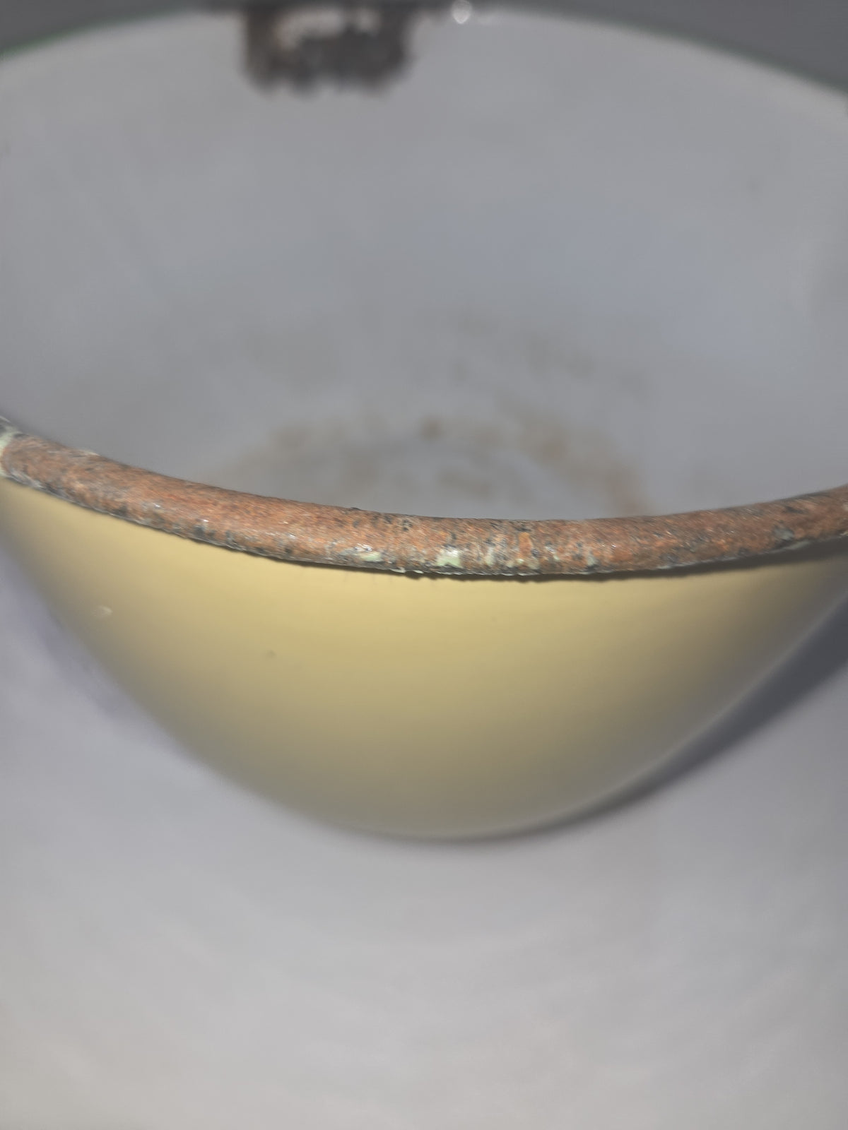Vintage Enamelware Sauce Pan Cream Green Trim White Inside en90