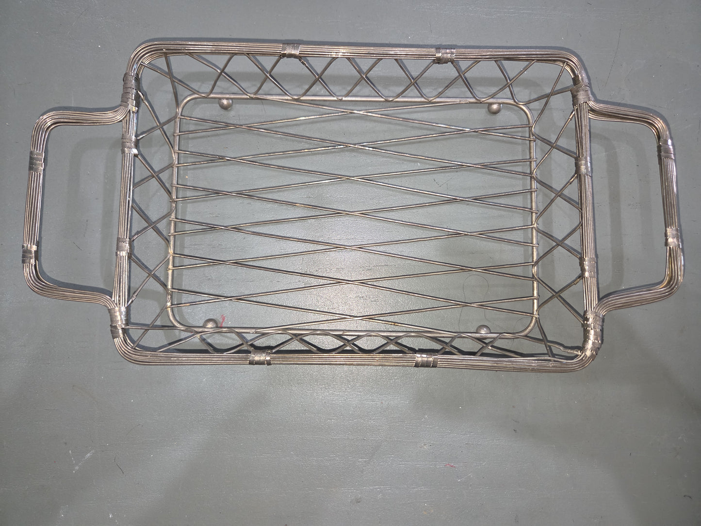 Vintage Woven and Banded Silverplated Wire Rectangle  Basket sp81