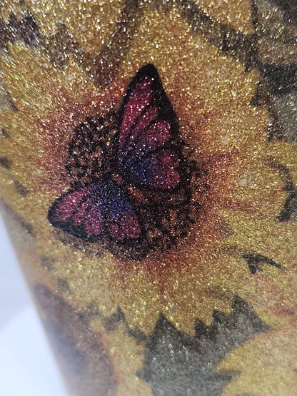 20 Oz Stainless Steel Insulated Glitter Tumbler Butterflies And Sunflowers AS IS 20gb