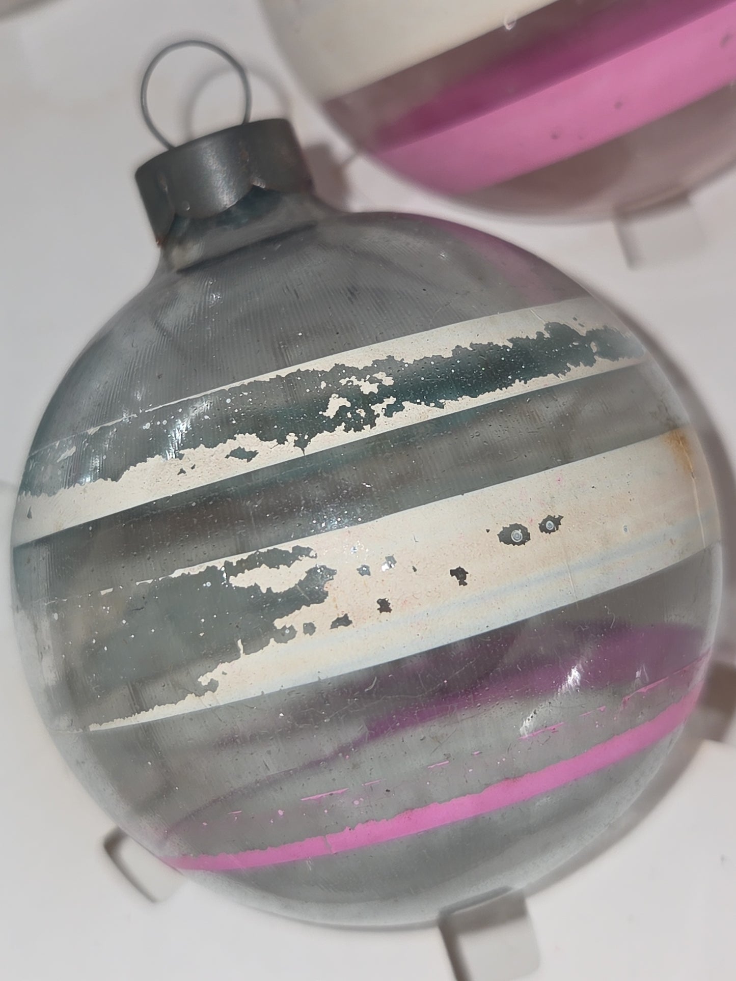 Vintage 2 1/4" Unsilvered Transparent and Blue Glass Ornament WWII Era 1940s Unmatched Set of 4 with Stripes AS IS vo123