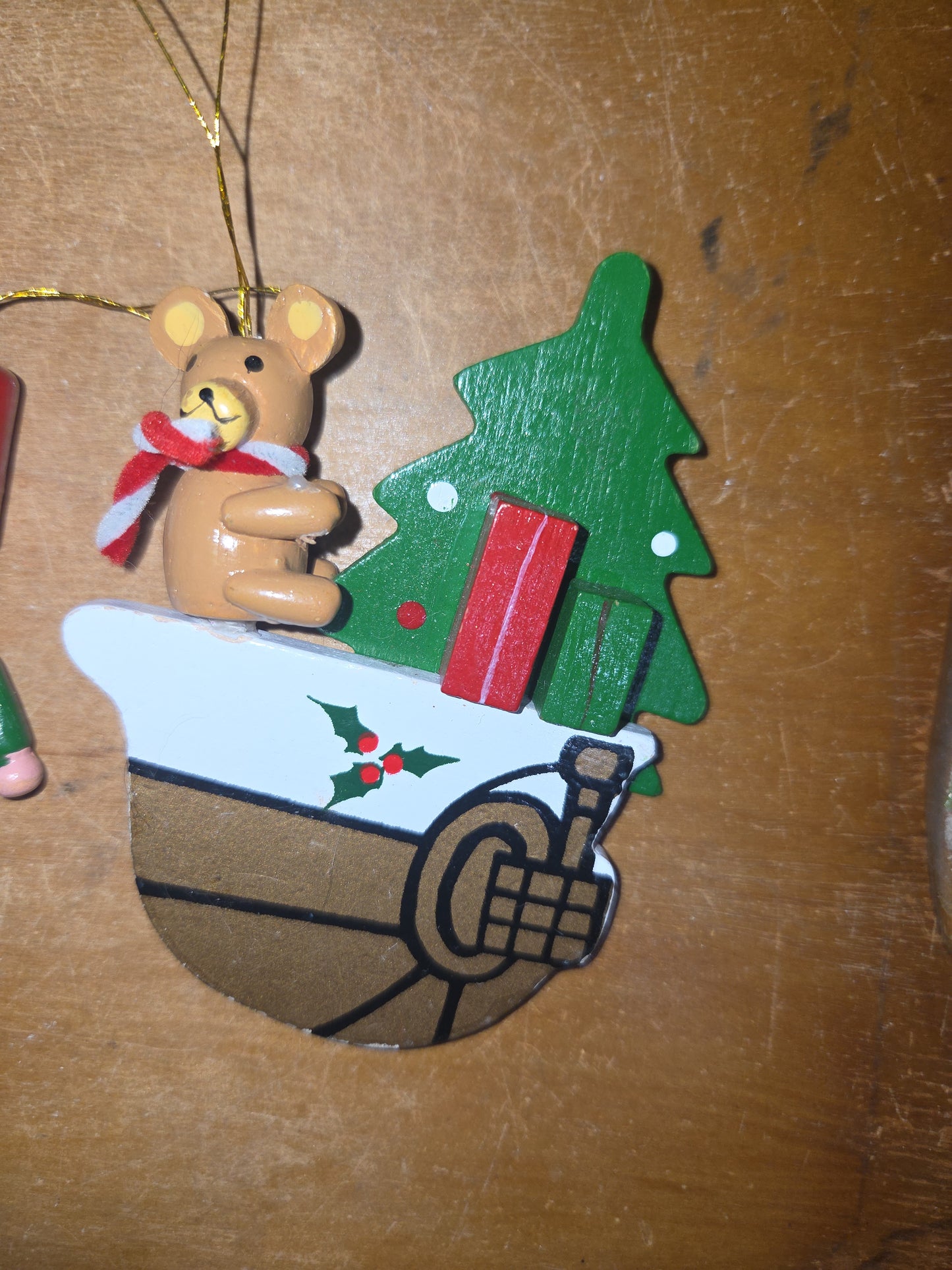 Vintage Wooden Ornaments Snowman Cat Shoe Tree Set of 5 MCM Kitchy