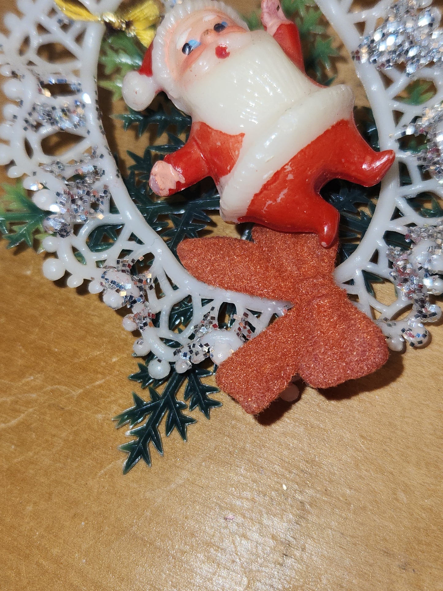 Vintage Plastic 1960s Commodore or Commodore Like Ornaments with Santa and Angel, Greenery Plastic Bow AS IS sm18