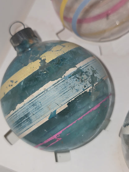 Vintage 2 1/4" Unsilvered Transparent and Blue Glass Ornament WWII Era 1940s Unmatched Set of 4 with Stripes AS IS vo123