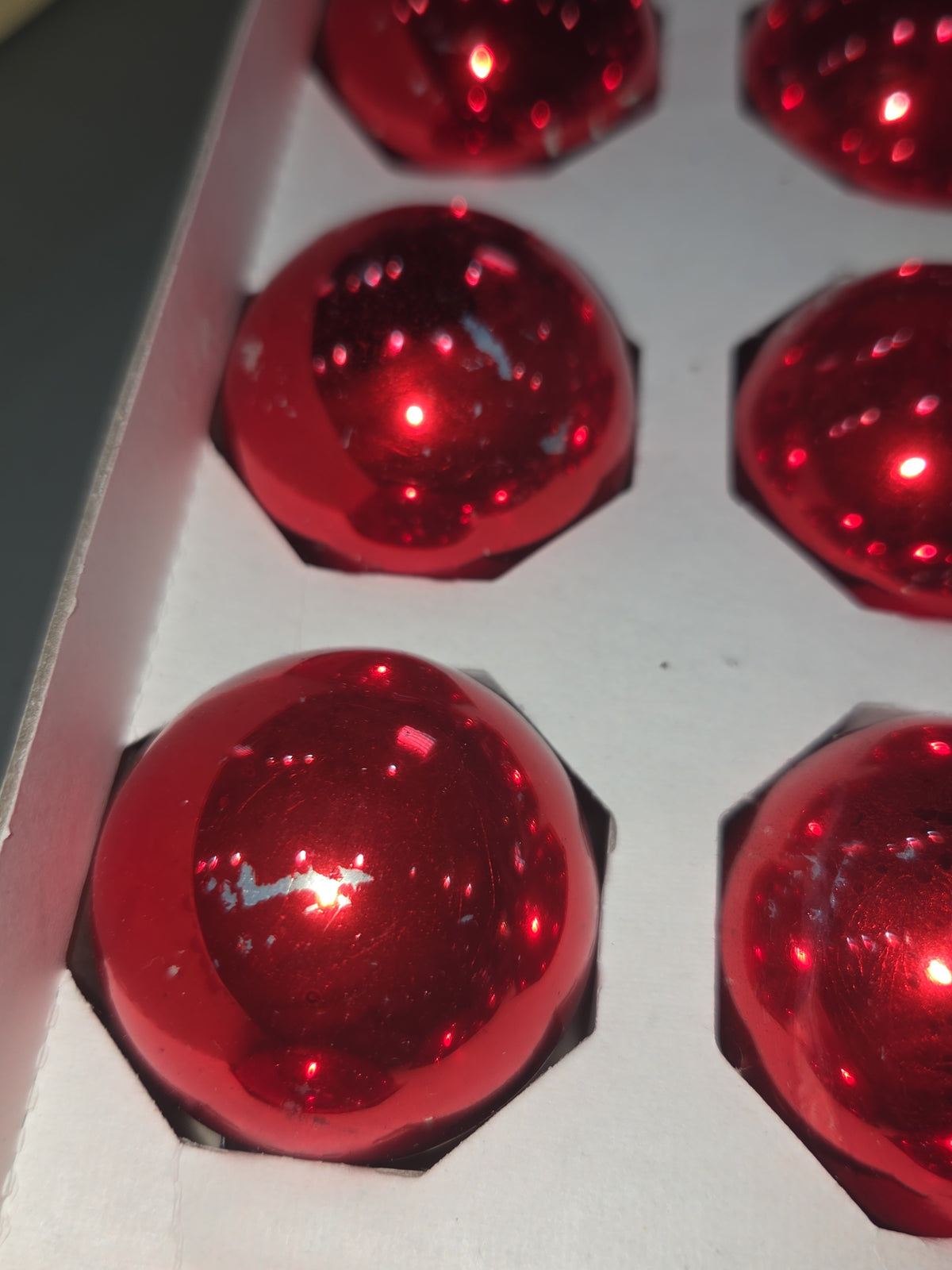 Vintage Pyramid Rauch Glass Ornaments Red 1 3/4" ornaments 2 Boxes 30 Ornaments AS IS Scratched bo87