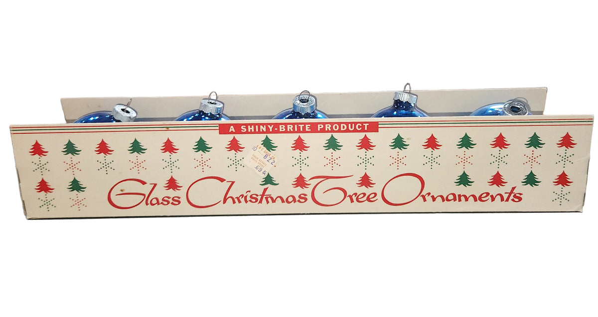 Vintage Shiny Brite Glass Christmas Ornaments Five 3" Blue Shades in Fanci-Pak Box As Is sb12