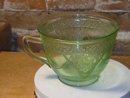 Vintage Uranium Green Depression Glass Tea Cup Love Birds Vaseline AS IS Chips dg76