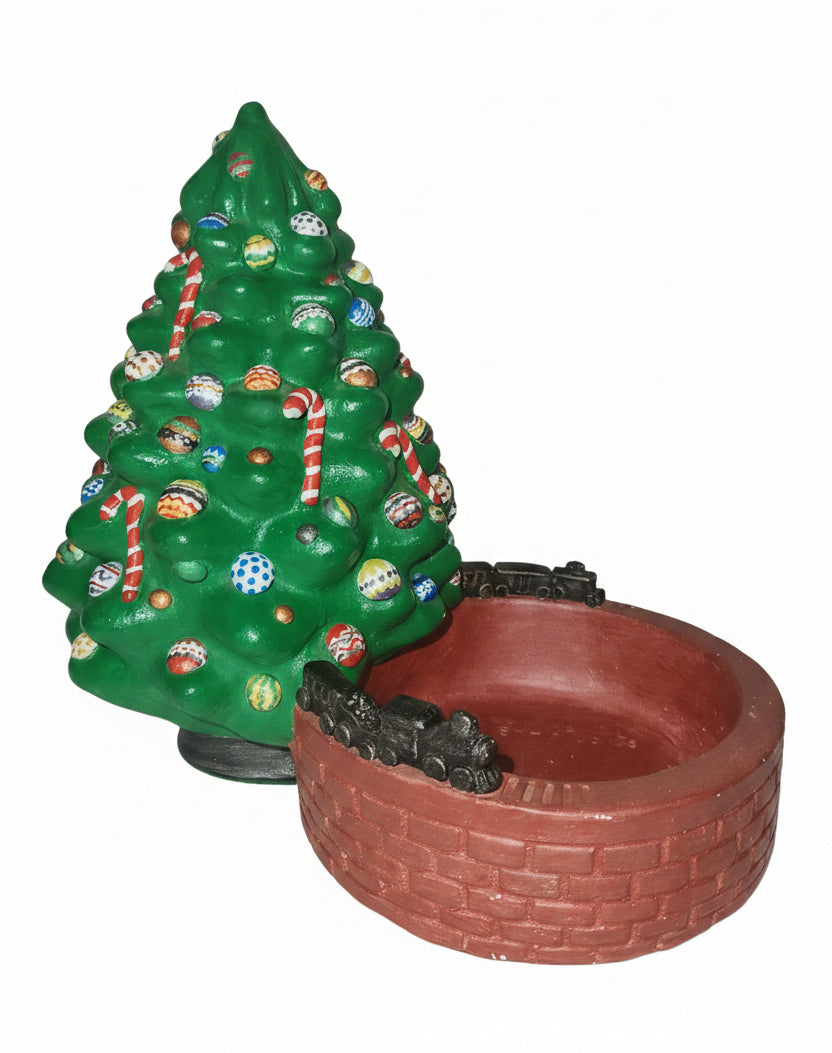 Vintage Christmas Tree Bowl 1977 Continental Studios handpainted Holiday Dish, tree and train. Ct3