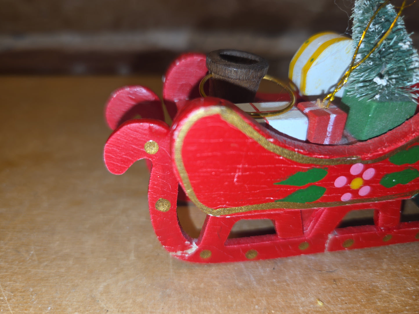 Vintage Wooden Ornament Sleigh Set of 2 AS IS MCM Kitchy