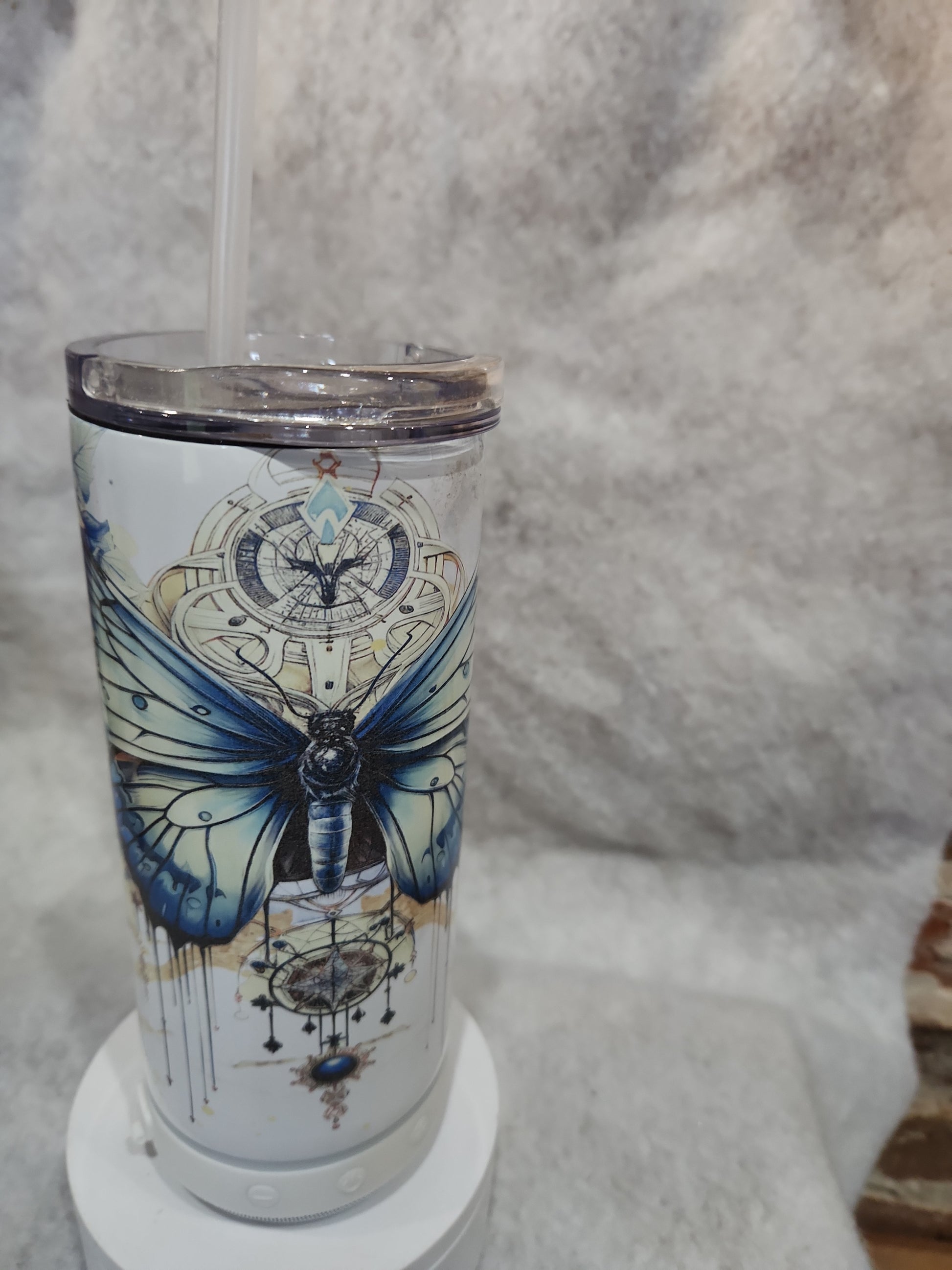 17 Oz Stainless Steel Insulated Tumbler with can cooler Top & Tumbler Top With White, Rechargeable, Removeable Speaker. Butterfly stb6