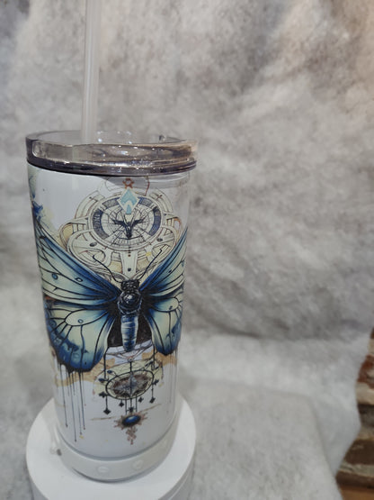 17 Oz Stainless Steel Insulated Tumbler with can cooler Top & Tumbler Top With White, Rechargeable, Removeable Speaker. Butterfly stb6