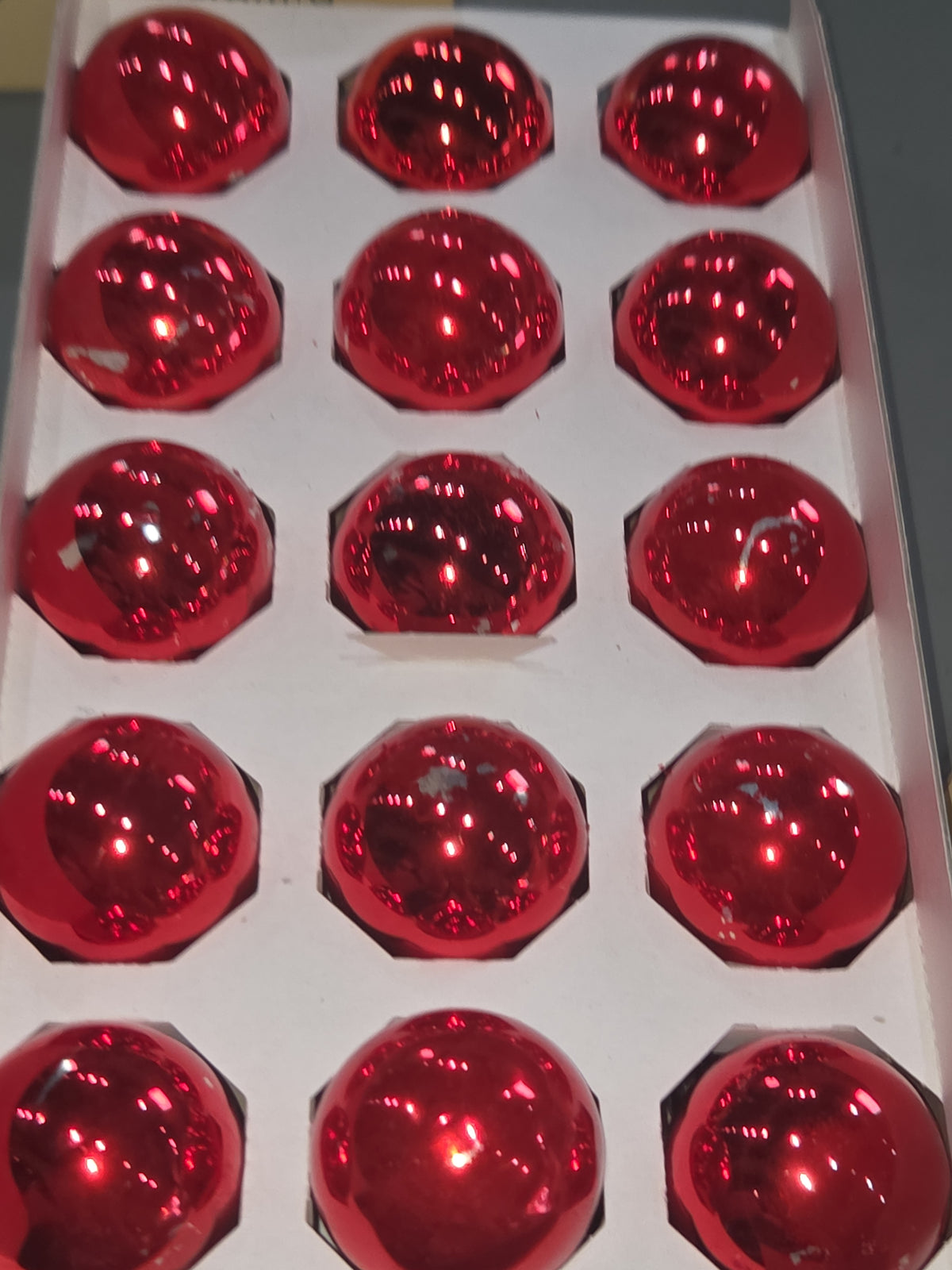 Vintage Pyramid Rauch Glass Ornaments Red 1 3/4" ornaments 2 Boxes 30 Ornaments AS IS Scratched bo87