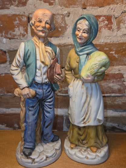 Vintage UCGC Bisque Porcelain Old Man & Old Woman Figurine Taiwain Cabbage 2fi