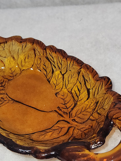 Vintage Oblong Amber Glass Pear & Leaves Serving Dish