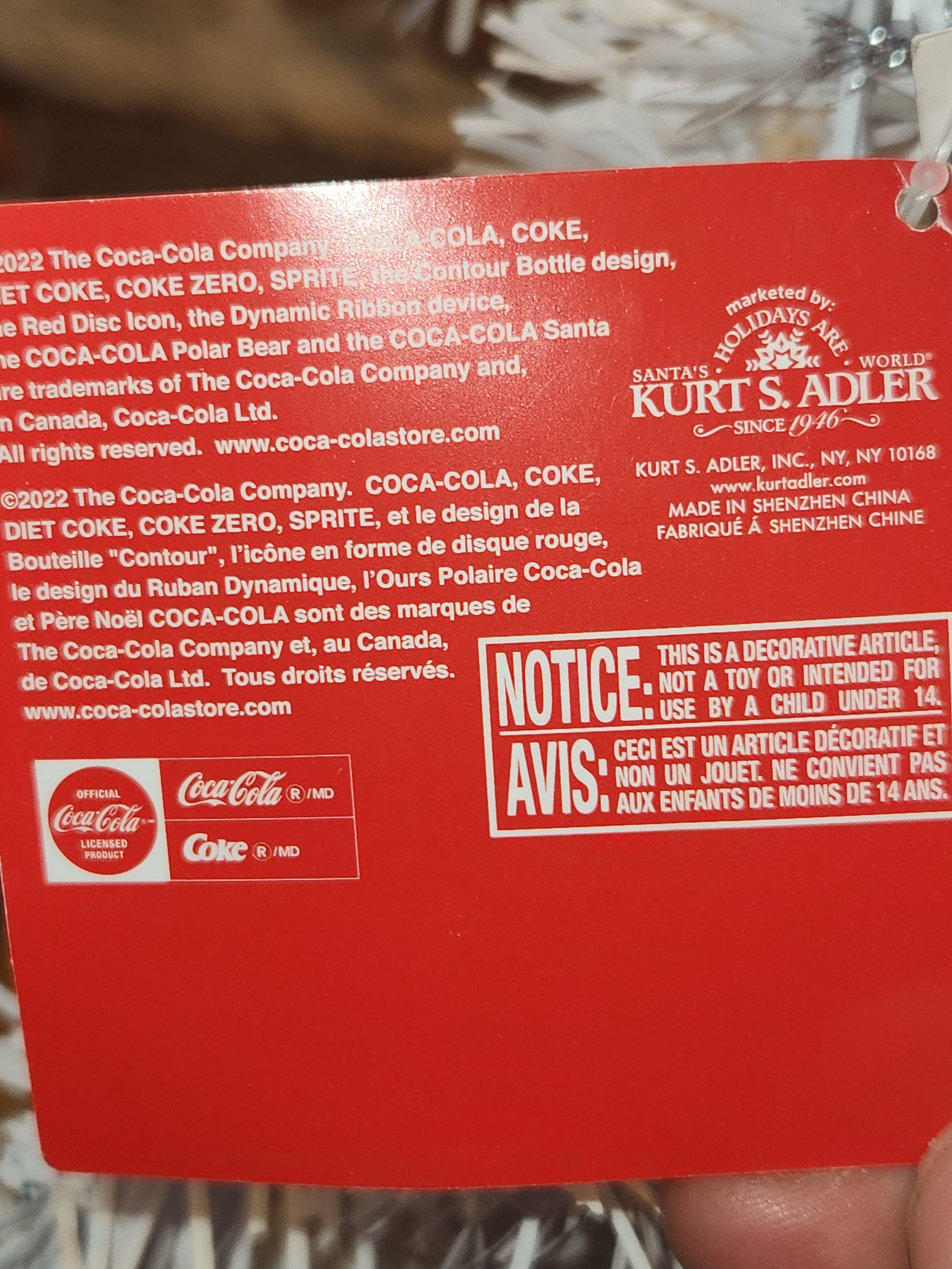 Coca-Cola Kurt Adler Sparkle Polar Bear Holding Coke Bottle Christmas Ornament cc675