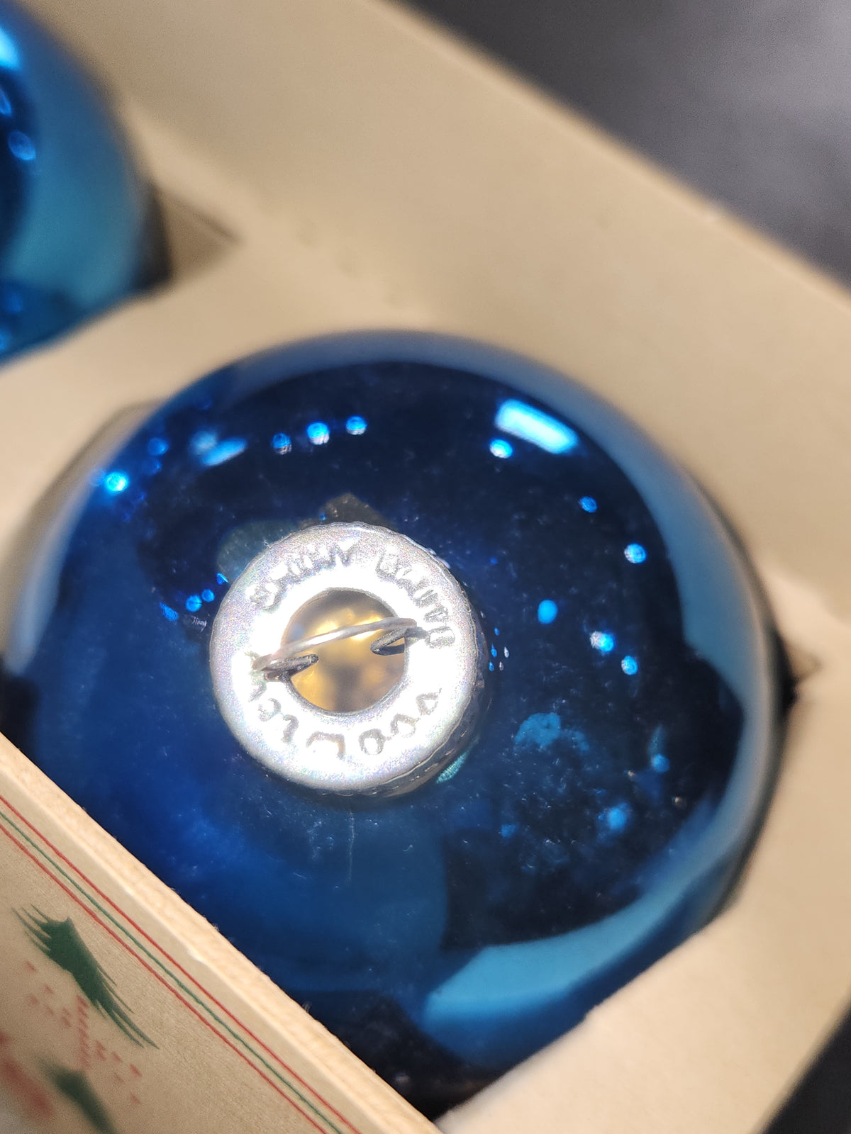 Vintage Shiny Brite Glass Christmas Ornaments Five 3" Blue Shades in Fanci-Pak Box As Is sb11
