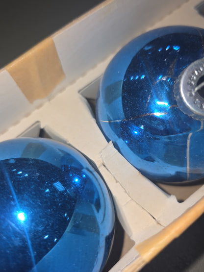 Vintage Shiny Brite Glass Christmas Ornaments Five 3" Blue Shades in Fanci-Pak Box As Is sb10