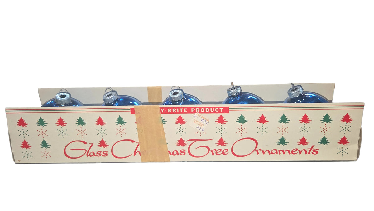 Vintage Shiny Brite Glass Christmas Ornaments Five 3" Blue Shades in Fanci-Pak Box As Is sb10