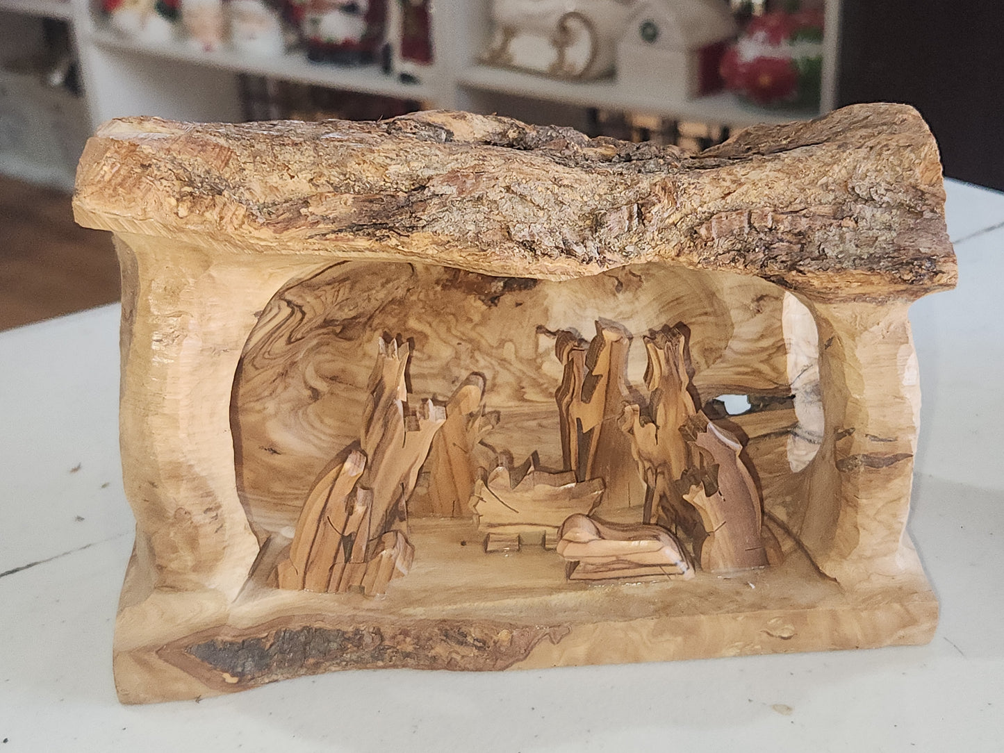 Nativity Medium Grotto Carved in Olive Wood Branch Made in Bethlehem 4" x 8" n2a