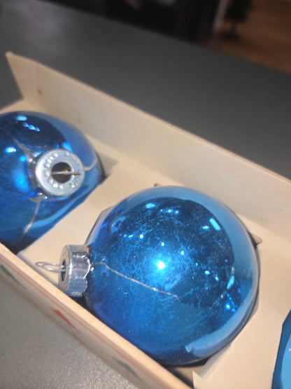 Vintage Shiny Brite Glass Christmas Ornaments Five 3" Blue Shades in Fanci-Pak Box As Is sb5