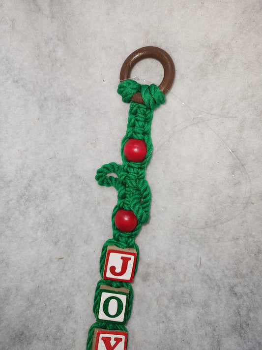 Vintage Handmade Macreme Joy Christmas Wall Door Hanger Wood blocks Wood Beads Old Bell 1970s
