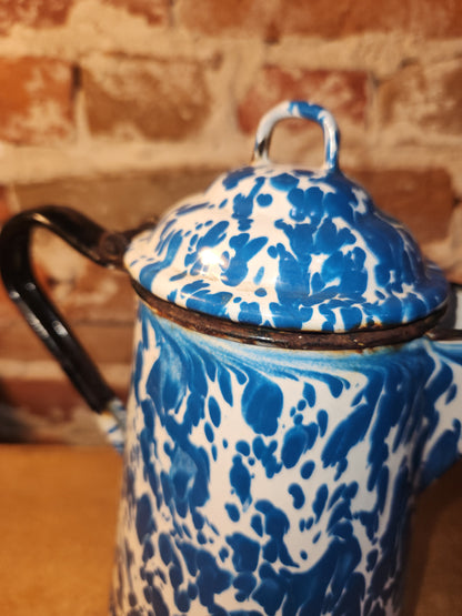 Vintage Enamelware Graniteware Coffee Pot with Lid Blue White Swirl Splotches ew70